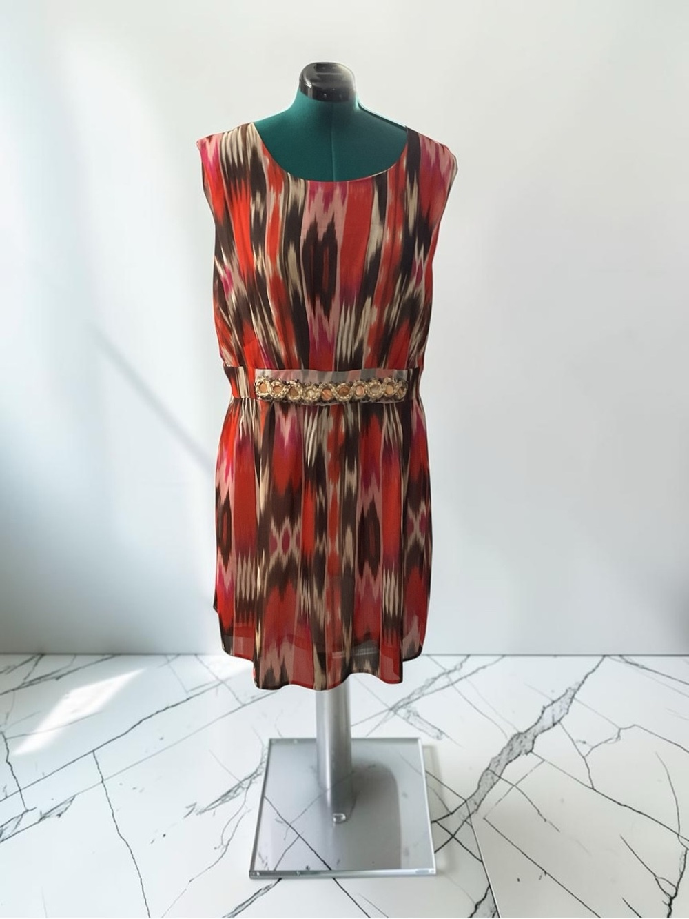 Sleeveless Ikat-Print Mini Dress w/ Embellished Waist P:22” L:40”